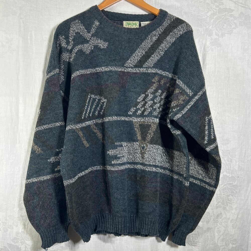 Vintage Sweater Large Gray Geometric Wool Blend Crew Neck